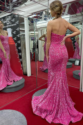 Hot Pink Long Prom Dress Sequin Mermaid Sweetheart
